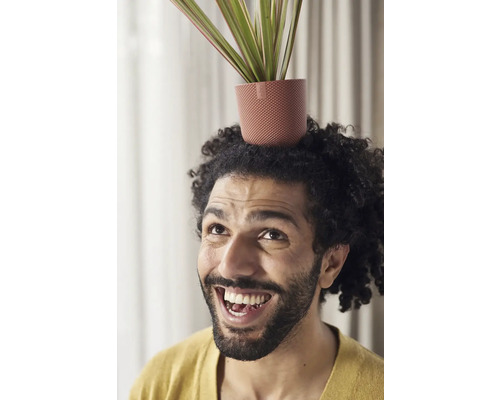 Muž s texturovaným květináčem na hlavě a rostlinou uvnitř