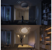 Srovnávací obrázek pracovny se stropním svítidlem jednou se tlumeným a jednou s jasným světlem.