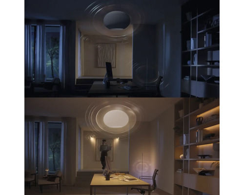 Srovnávací obrázek pracovny se stropním svítidlem jednou se tlumeným a jednou s jasným světlem.