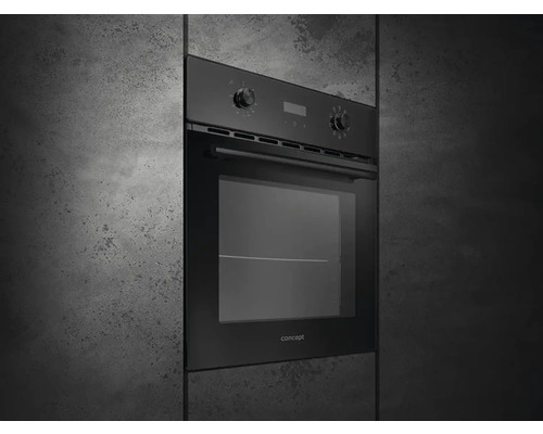 Černá vestavná trouba s ovládacími prvky a průhledným okénkem