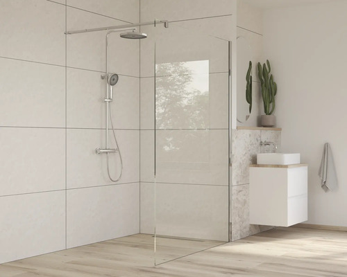 Moderní koupelna se sprchovým koutem, armaturami a umyvadlem