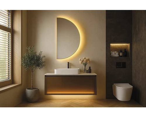 Moderní koupelna s umyvadlem, zrcadlem s osvětlením a závěsným WC