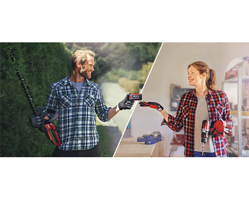 Muž se nůžkami na živý plot a žena s vrtačkou si vyměňují baterii.