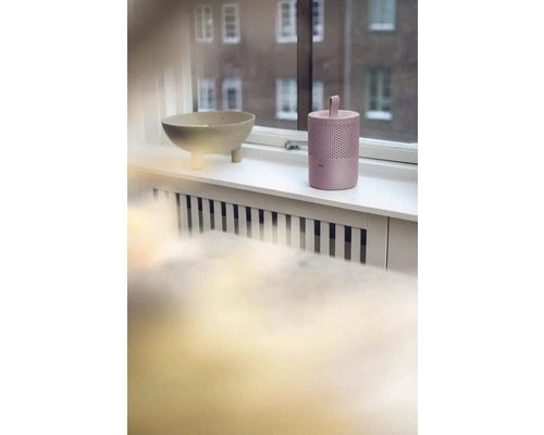 Scéna s mísou a čističkou vzduchu na okenním parapetu.