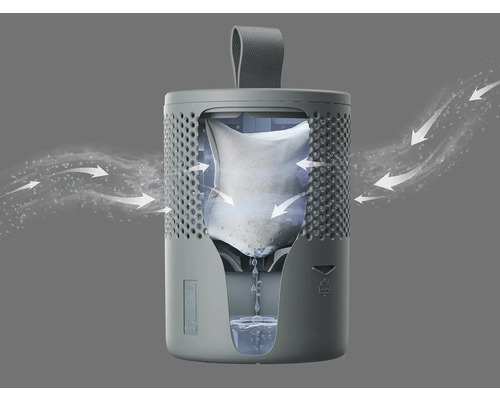 Odvlhčovač vzduchu s vakem absorbujícím vlhkost a nádobou na zachytávání vody