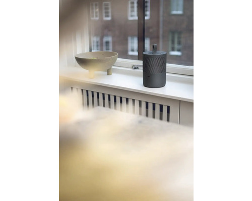 Miska a Bluetooth reproduktor na okenním parapetu