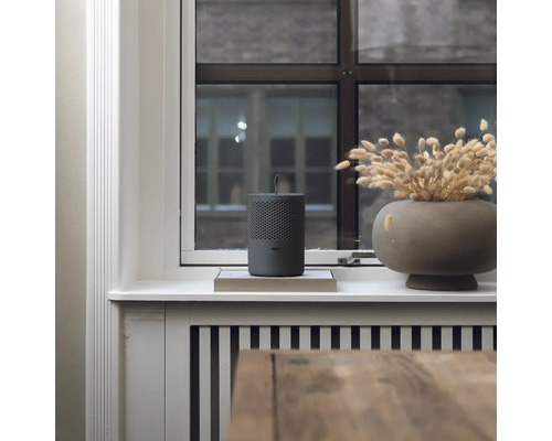 Čistička vzduchu stojí na okenním parapetu vedle vázy se sušenými květinami.