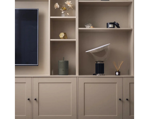 Obývací pokoj s vestavěnou skříní, která obsahuje dekorativní předměty a televizi