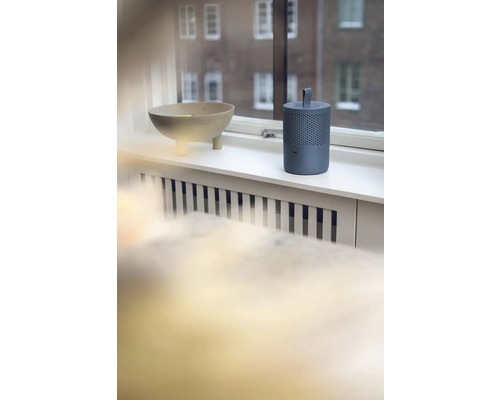 Dekorativní mísa a čistička vzduchu na okenním parapetu před oknem.