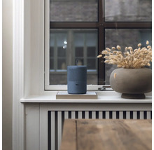 Modrý čistič vzduchu na okenním parapetu vedle vázy s květinami.