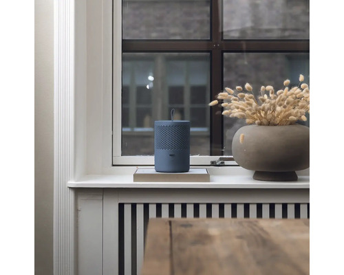 Modrý čistič vzduchu na okenním parapetu vedle vázy s květinami.