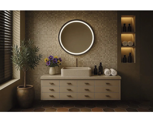 Moderní koupelna s umyvadlovou skříňkou, umyvadlem na desku a osvětleným zrcadlem