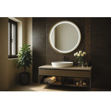 Moderní koupelna s kulatým zrcadlem, umyvadlem a rostlinou