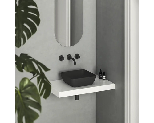 Moderní koupelna s umyvadlem na desku, baterií, zrcadlem a rostlinou pro stylové zařízení