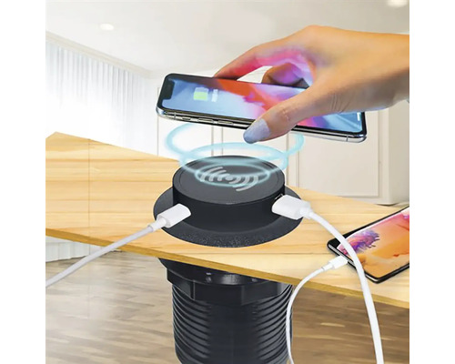 Elektrická stolní zásuvka s USB porty a funkcí bezdrátového nabíjení pro telefony