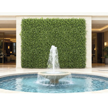 Dekorativní zelená stěna s fontánou v popředí