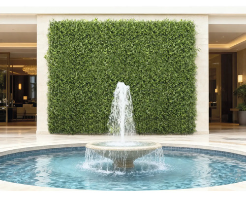 Dekorativní zelená stěna s fontánou v popředí
