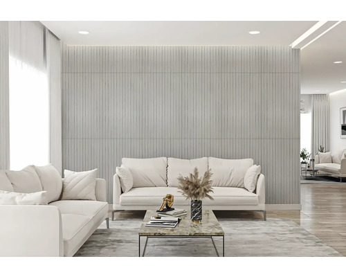 Obývací pokoj s pohovkami, konferenčním stolkem a strukturovaným obkladem stěn pro moderní design interiéru.