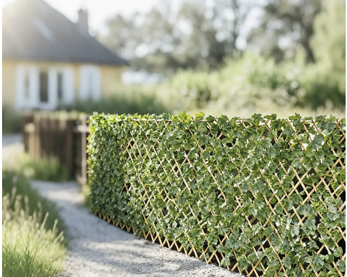 Dekorativní zástěna ze šplhací mřížky s umělými listy na zahradě.