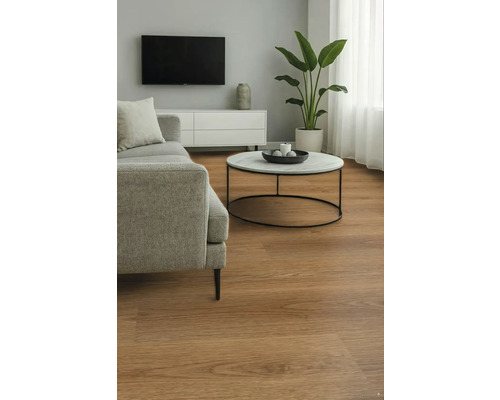 Obývací pokoj s pohovkou, konferenčním stolkem a dřevěnou podlahou