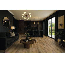 Obývací pokoj s pohovkou, kuchyňským pultem a dřevěnou podlahou