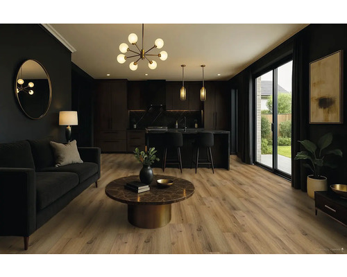 Obývací pokoj s pohovkou, kuchyňským pultem a dřevěnou podlahou