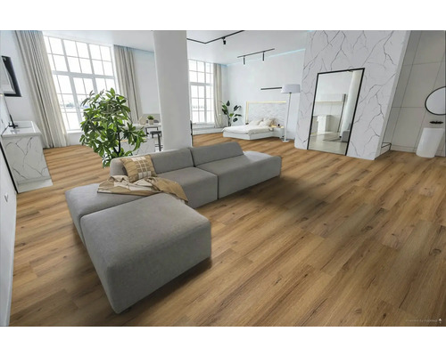 Světlý obývací pokoj s dřevěnou podlahou, pohovkou a postelí