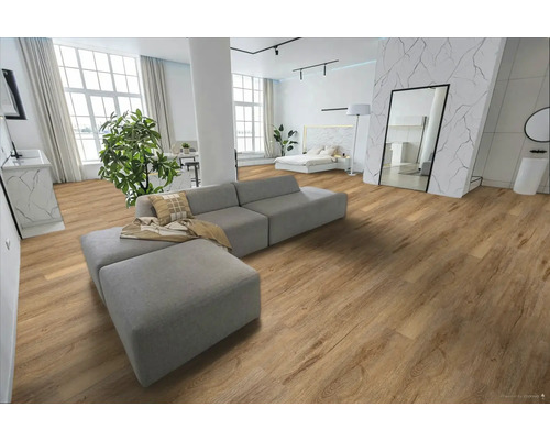 Světlý obývací pokoj s dřevěnou podlahou, pohovkou a postelí