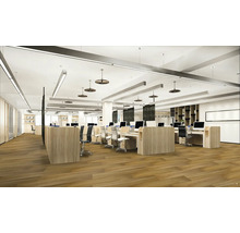 Kancelář s počítači, psacími stoly a kancelářskými židlemi v otevřeném kancelářském prostoru.