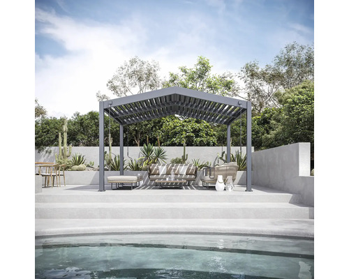 Moderní zahradní design s pergolou, posezením a bazénem