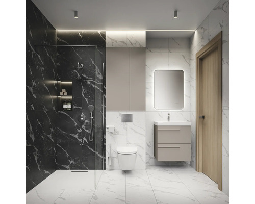 Moderní koupelna se sprchou, toaletou, umyvadlovou skříňkou a zrcadlem
