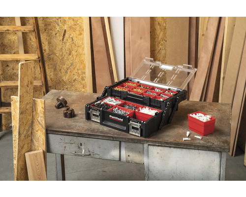 Organizér Pattfield se šrouby, hmoždinkami a drobnými díly na ponku