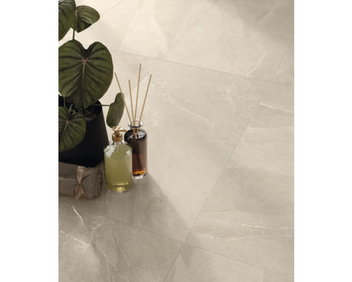 Dlaždicová podlaha s rostlinou, dávkovačem mýdla a vonnými tyčinkami pro stylový design interiéru