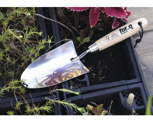 Nerezová jamkovač s dřevěnou rukojetí v zahradním záhonu