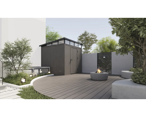 Zahradní scéna s domkem na nářadí, terasou, ohništěm a rostlinami