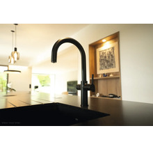 Černá kuchyňská baterie na dřezu v moderní kuchyni.