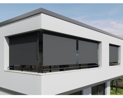 Tmavě šedé balkonové markýzy na moderní budově pro ochranu před sluncem