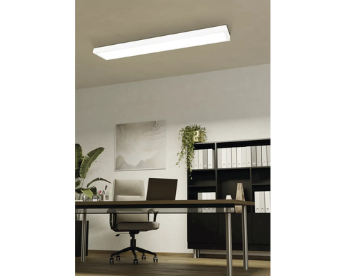 Stropní svítidlo v kanceláři se stolem, kancelářskou židlí a regálem.