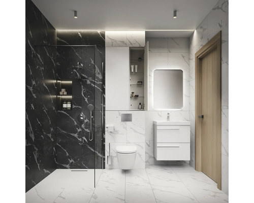 Moderní koupelna se sprchou, umyvadlem, zrcadlem a toaletou ve světlém designu