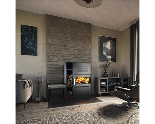 Obývací pokoj s krbovými kamny, poleny a dekorativními prvky pro útulnou atmosféru