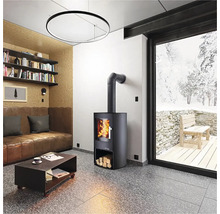 Obývací pokoj s kamny, pohovkou a knihovnou pro útulné prostředí