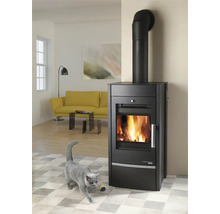 Obývací pokoj s kamny, pohovkou a kočkou