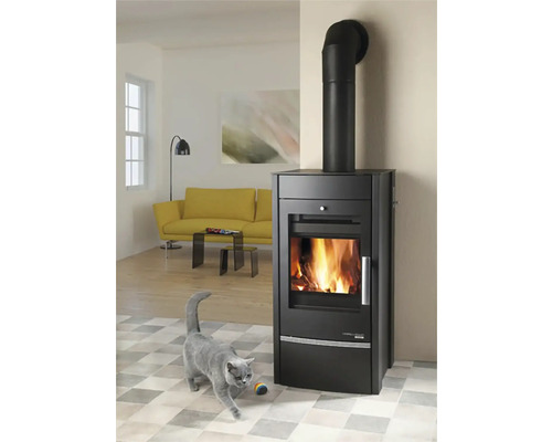 Obývací pokoj s kamny, pohovkou a kočkou