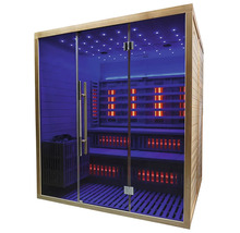 Infračervená sauna se skleněnou přední stranou a dřevěným rámem pro chvíle odpočinku