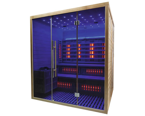 Infračervená sauna se skleněnou přední stranou a dřevěným rámem pro chvíle odpočinku