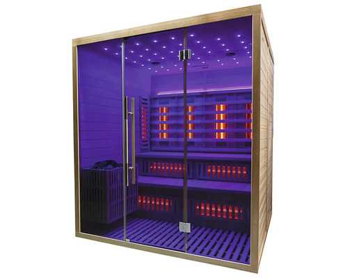 Infračervená sauna se skleněnou přední stranou a dřevěnými prvky