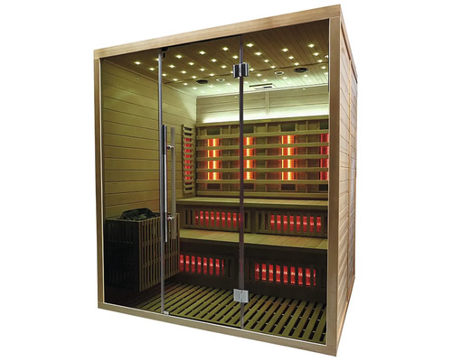 Infračervená sauna s dřevěnými lavicemi a skleněnou přední stěnou