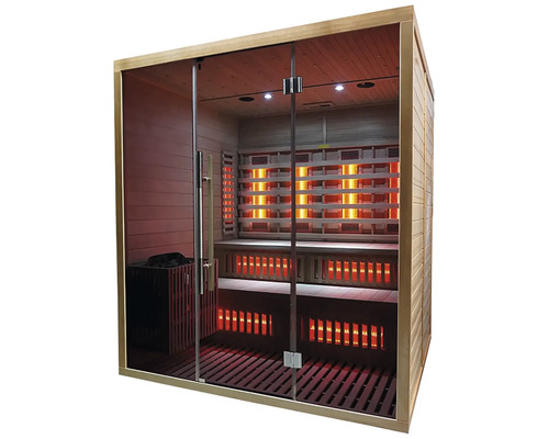 Infračervená sauna se skleněnou přední stěnou a dřevěným obkladem