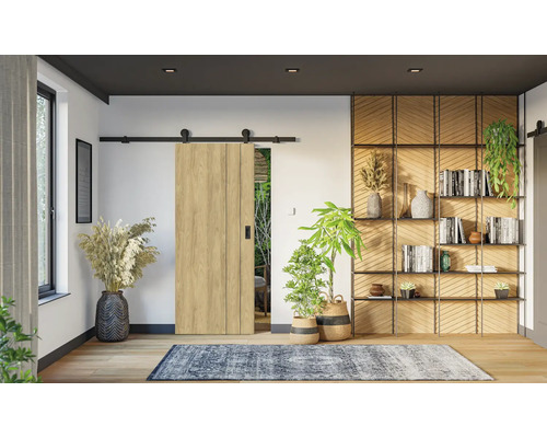 Obývací pokoj s dřevěnými posuvnými dveřmi, knihovnou a okrasnými rostlinami
