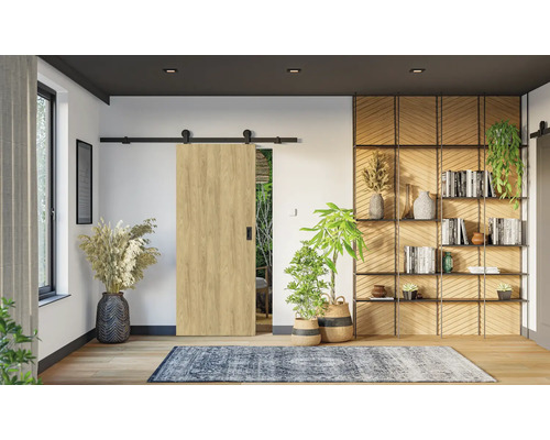 Interiér s posuvným dveřním systémem, knihovnou a pokojovými rostlinami pro útulnou atmosféru.